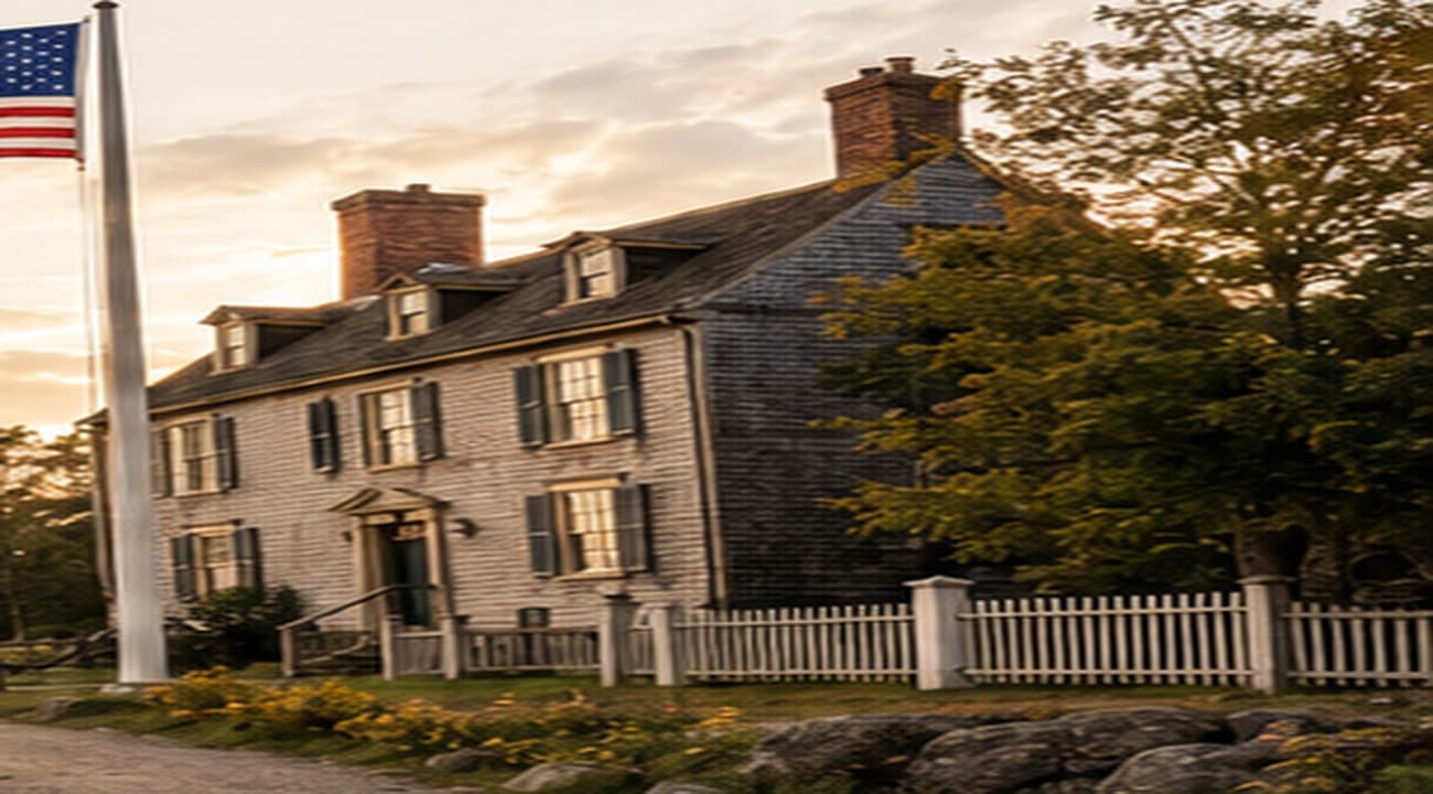 A historic American house and flag at sunset